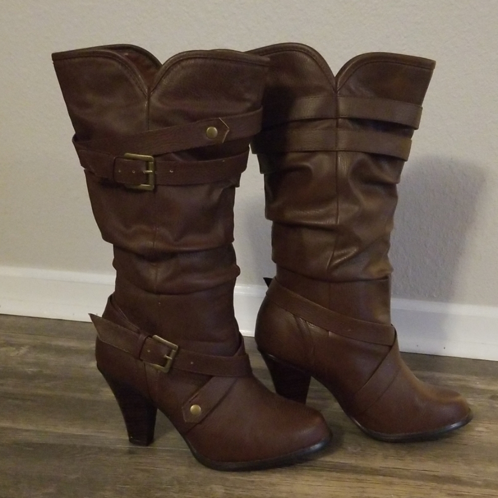 Brown faux leather boots